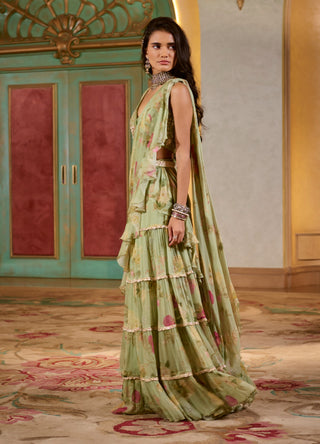 Rich green pre-draped ruffle sari and blouse