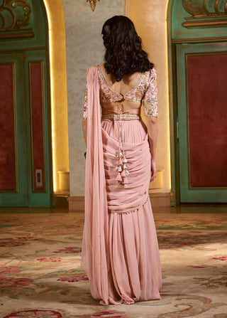Light pink pre-draped chiffon sari set