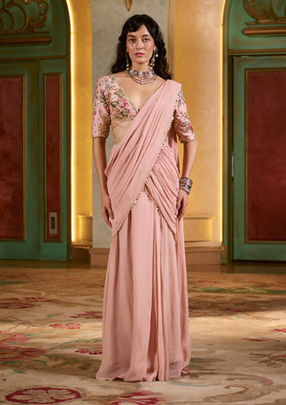 Light pink pre-draped chiffon sari set