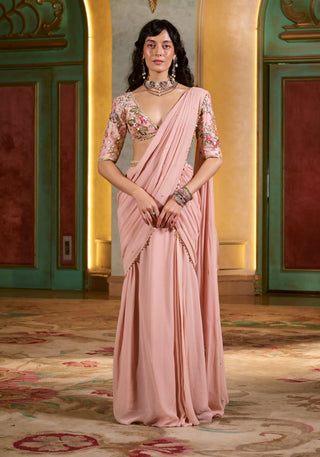 Light pink pre-draped chiffon sari set