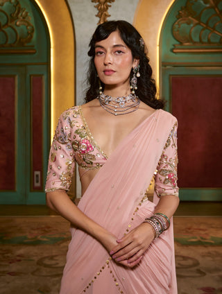 Light pink pre-draped chiffon sari set