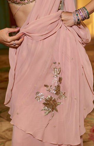 Light pink pre-draped chiffon sari set