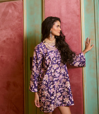 Purple floral motifs short dress