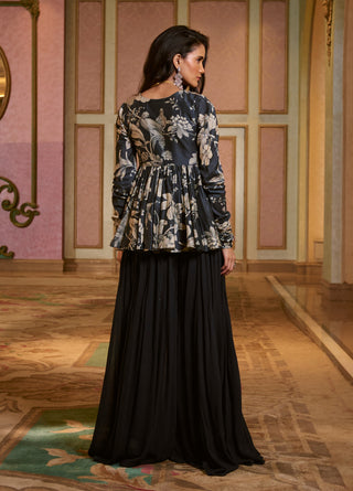 Navy blue floral-printed peplum and palazzo