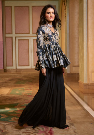 Navy blue floral-printed peplum and palazzo