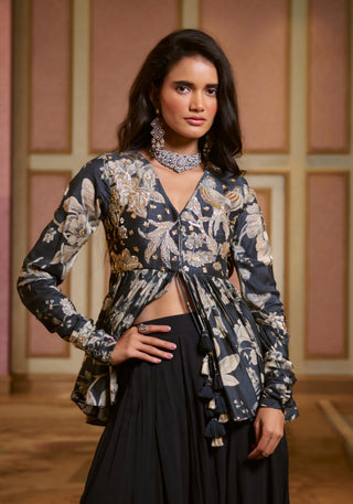 Navy blue floral-printed peplum and palazzo