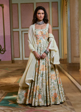 Ivory with multi floral anarkali and dupatta
