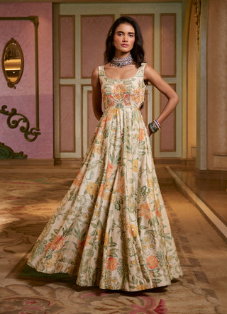 Ivory with multi floral anarkali and dupatta