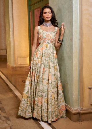 Ivory with multi floral anarkali and dupatta