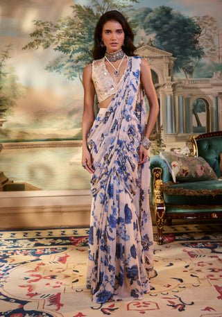 Ivory blue pre-draped chiffon sari and blouse