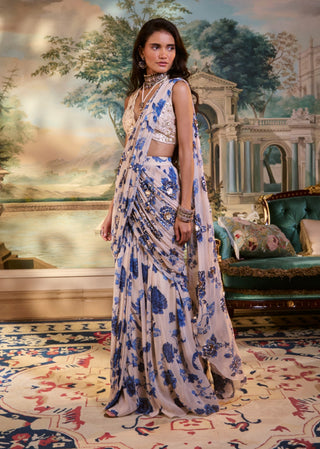 Ivory blue pre-draped chiffon sari and blouse