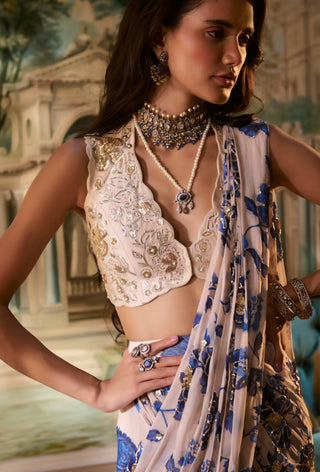 Ivory blue pre-draped chiffon sari and blouse