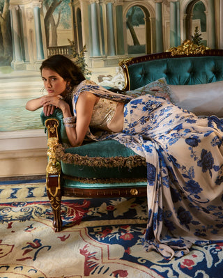 Ivory blue pre-draped chiffon sari and blouse