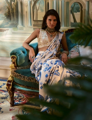 Ivory blue pre-draped chiffon sari and blouse