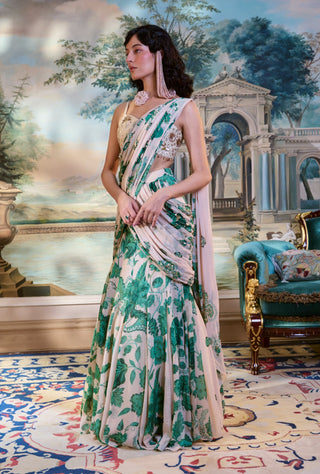 Ivory green pre-draped chiffon sari and blouse