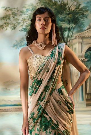 Ivory green pre-draped chiffon sari and blouse