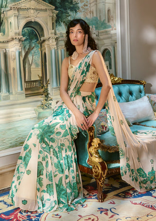 Ivory green pre-draped chiffon sari and blouse