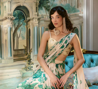 Ivory green pre-draped chiffon sari and blouse