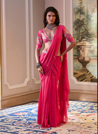 Hot pink pre-draped chiffon sari and blouse