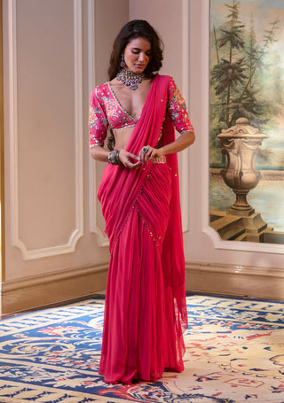 Hot pink pre-draped chiffon sari and blouse