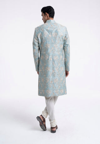 Powder blue zari embroidered sherwani set