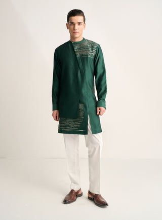 Bottle green zari embroidered layered kurta set