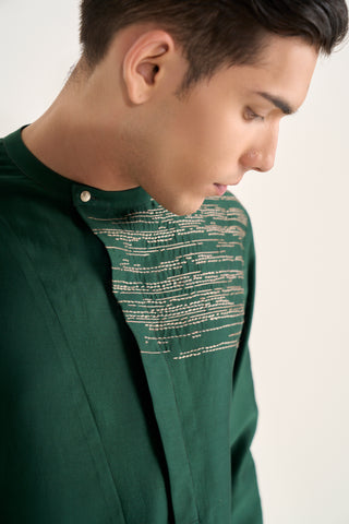 Bottle green zari embroidered layered kurta set