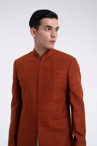 Burnt orange thread detail panel sherwani set