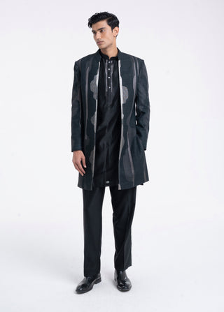 Black front open zari embroidered sherwani set