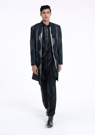 Black front open zari embroidered sherwani set