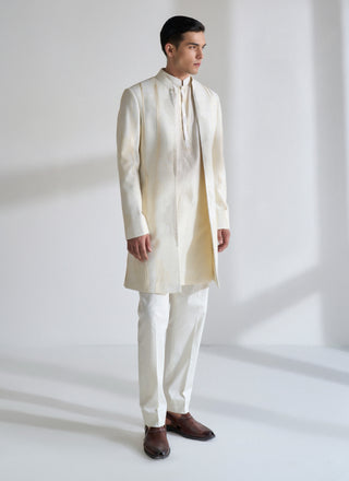Ivory front open zari embroidered sherwani set