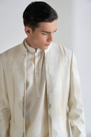 Ivory front open zari embroidered sherwani set