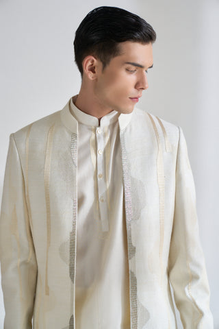Ivory front open zari embroidered sherwani set