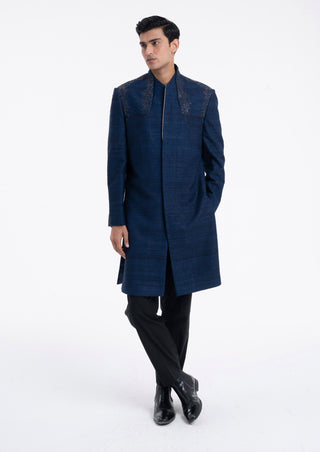 Navy high neck embroidered sherwani set