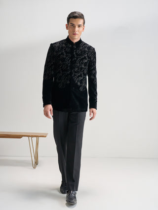 Black embroidered velvet bandhgala set