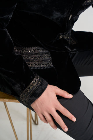 Black embroidered velvet bandhgala set