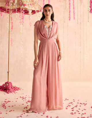 Champagne embellished full-length pleated jumpsuit