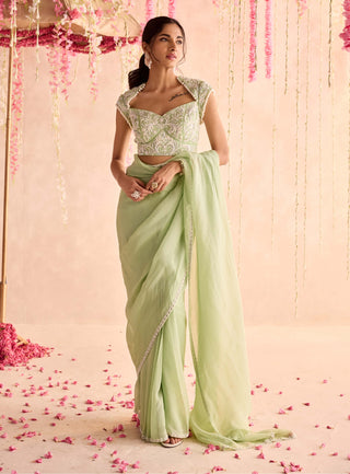 Mint green embellished choli and pre-stitched organza sari