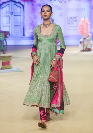Punit Balana Sage Green And Gulabi Gulaal Pakeezah Tissue Anarkali Set available on indiaspopup