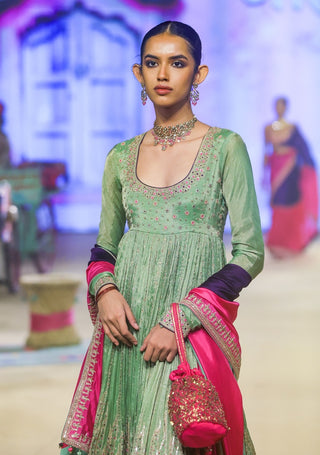 Punit Balana Sage Green And Gulabi Gulaal Pakeezah Tissue Anarkali Set available on indiaspopup