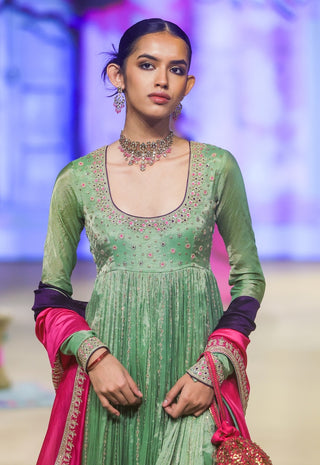 Punit Balana Sage Green And Gulabi Gulaal Pakeezah Tissue Anarkali Set available on indiaspopup