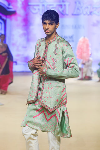 Punit Balana Men Sage Green Bundi And Kurta Set available on indiaspopup