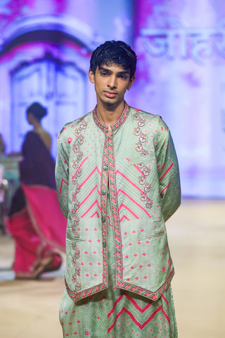Punit Balana Men Sage Green Bundi And Kurta Set available on indiaspopup