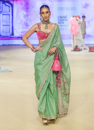 Punit Balana Sage Green And Gulabi Classic Tissue Sari And Blouse available on indiaspopup