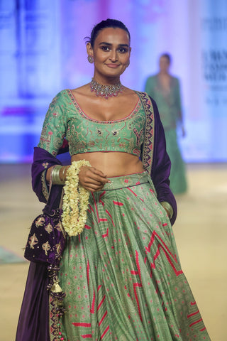 Punit Balana Sage Green And Purple Johari Lehenga Set available on indiaspopup