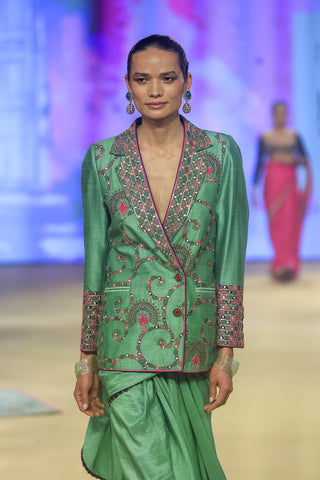 Punit Balana Sage Green Blazer And Sari available on indiaspopup