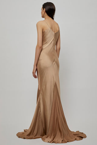 Deme By Gabriella-Beige Satin Fitted Gown-INDIASPOPUP.COM