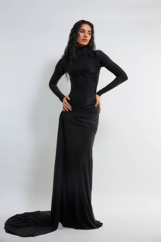 Deme By Gabriella-Alyson Black Draped Gown-INDIASPOPUP.COM