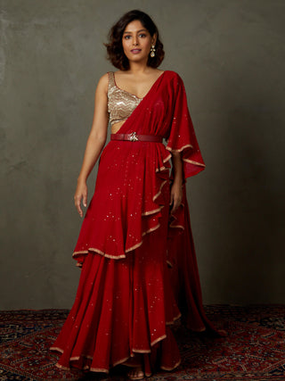 Ri.Ritu Kumar-Red Ruby Embroidered Draped Sari And Stitched Blouse-INDIASPOPUP.COM