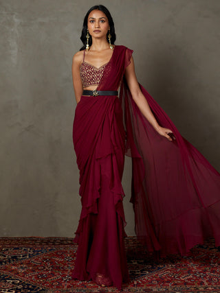 Ri.Ritu Kumar-Wine Iraa Sari And Stitched Blouse-INDIASPOPUP.COM